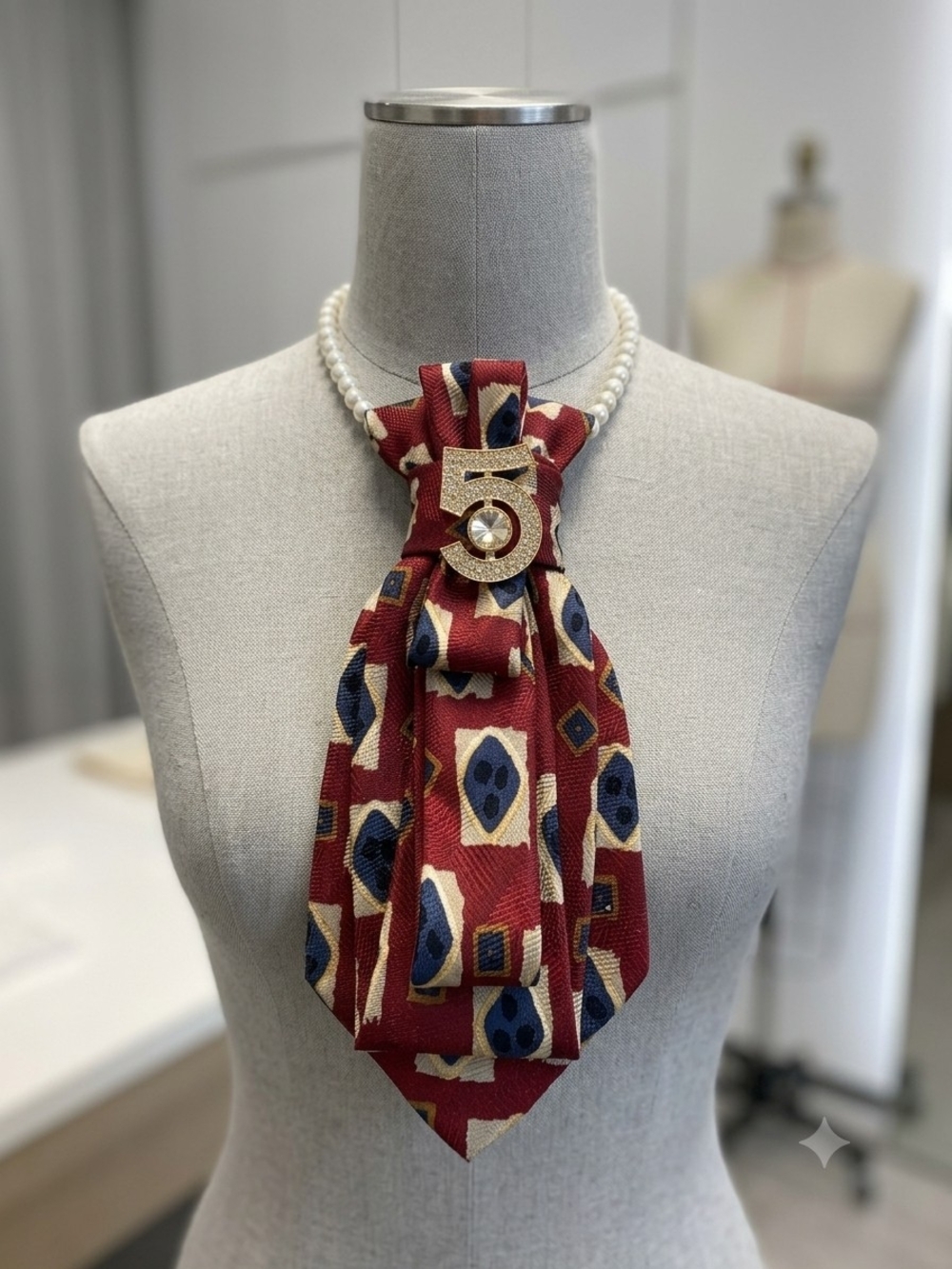 Pearl Collar Necklace with Red Patterned Tie Accent